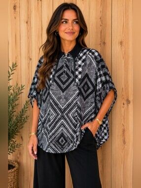 L.A.M.B. Black & Gray Geometric Zip-Poncho Sweater